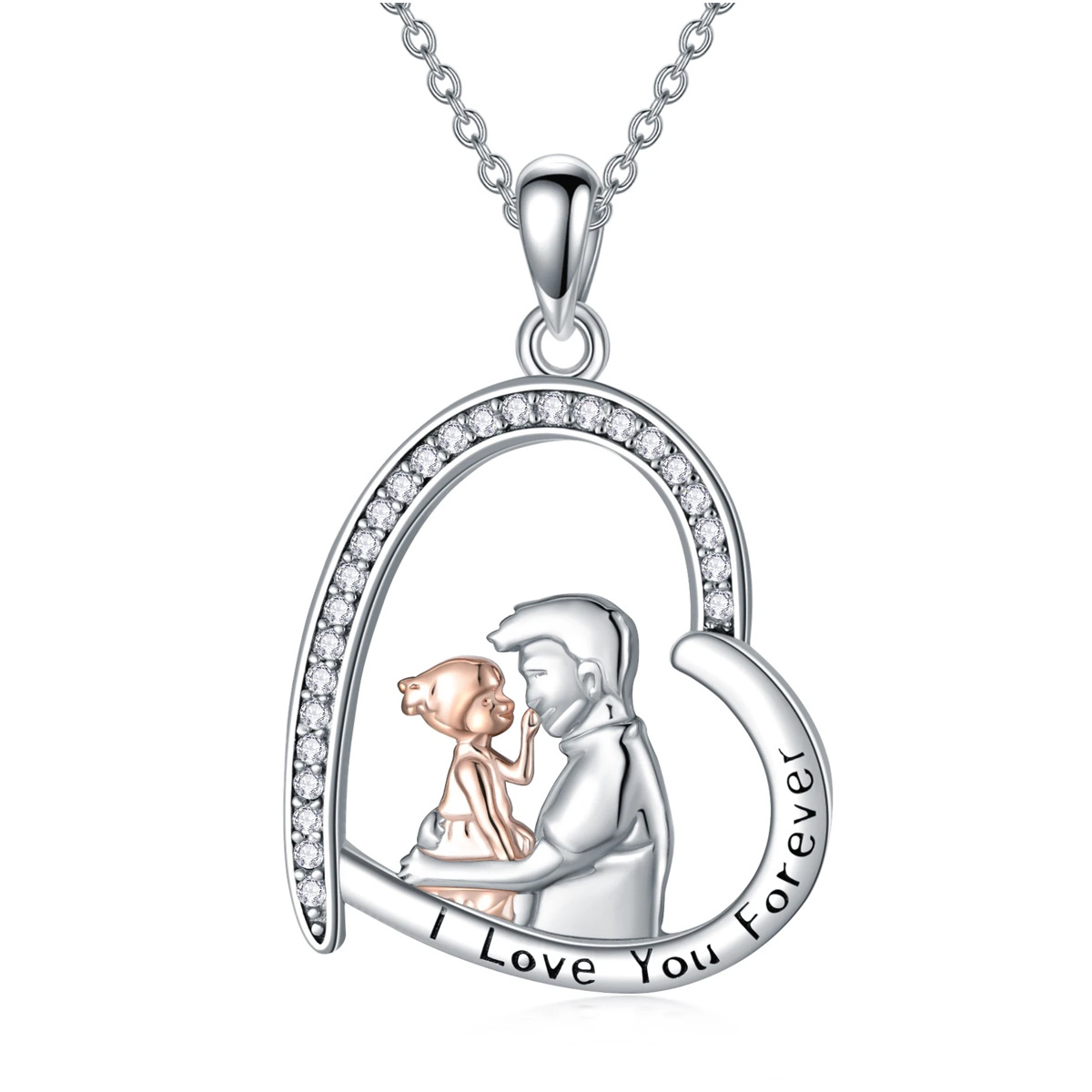 Sterling Silver Two-tone Heart Father & Daughter Pendant Necklace with Engraved Word-1