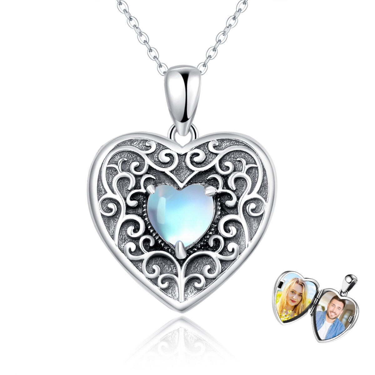 Sterling Silver Heart Shaped Moonstone Personalized Photo & Heart Personalized Photo Locket Necklace with Engraved Word-1