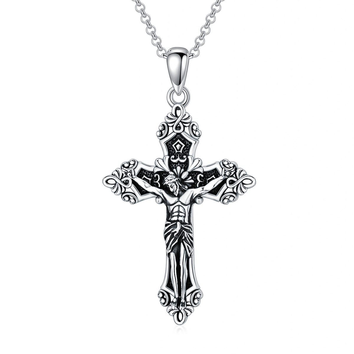 Cruz de plata de ley y Jesús colgante collar con cadena de Rolo-1