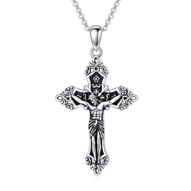 Sterling Silver Cross & Jesus Pendant Necklace with Rolo Chain-0