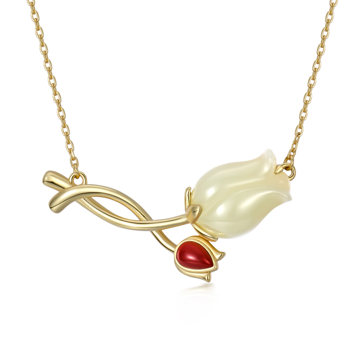 Sterling Silver with Yellow Gold Plated Jade Tulip Pendant Necklace-1