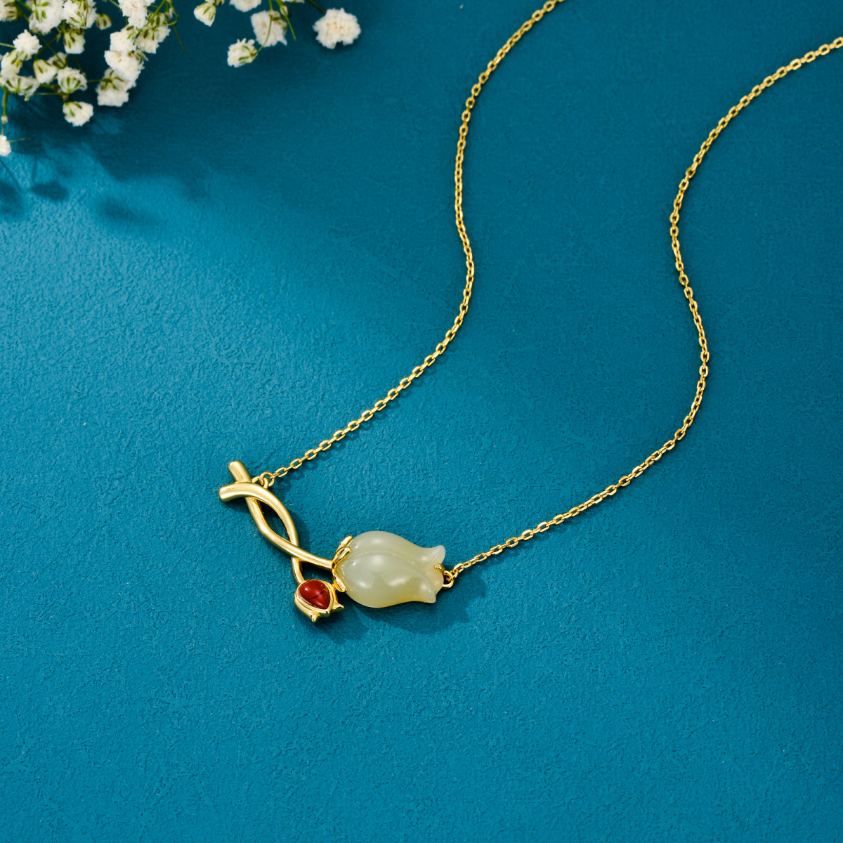 Sterling Silver with Yellow Gold Plated Jade Tulip Pendant Necklace-4