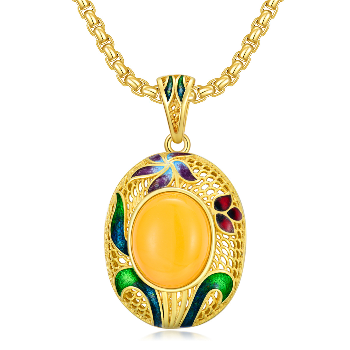 Sterling Silver with Yellow Gold Plated Oval Jade Pendant Necklace-1