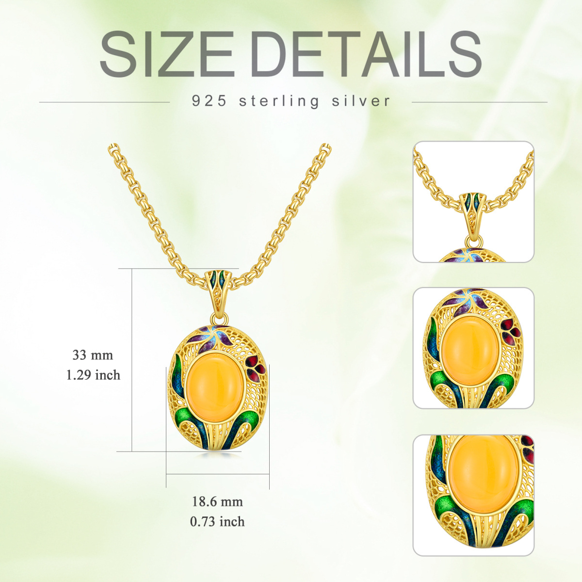 Sterling Silver with Yellow Gold Plated Oval Jade Pendant Necklace-6