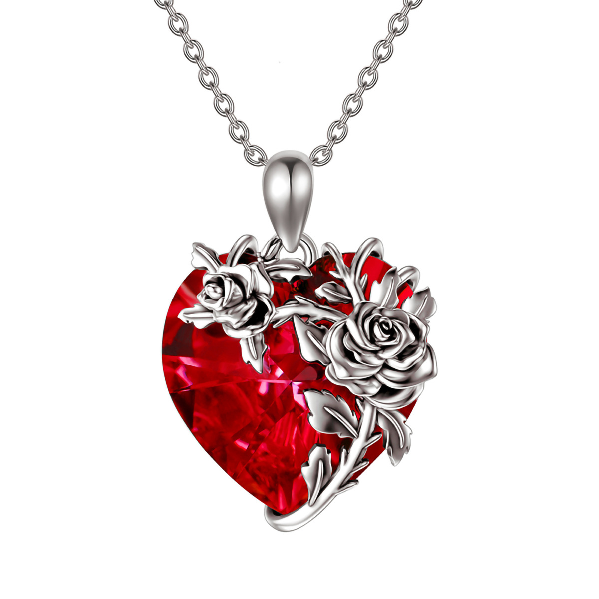 Sterling Silver Rose & Red Heart Shaped Crystal Pendant Necklace-1