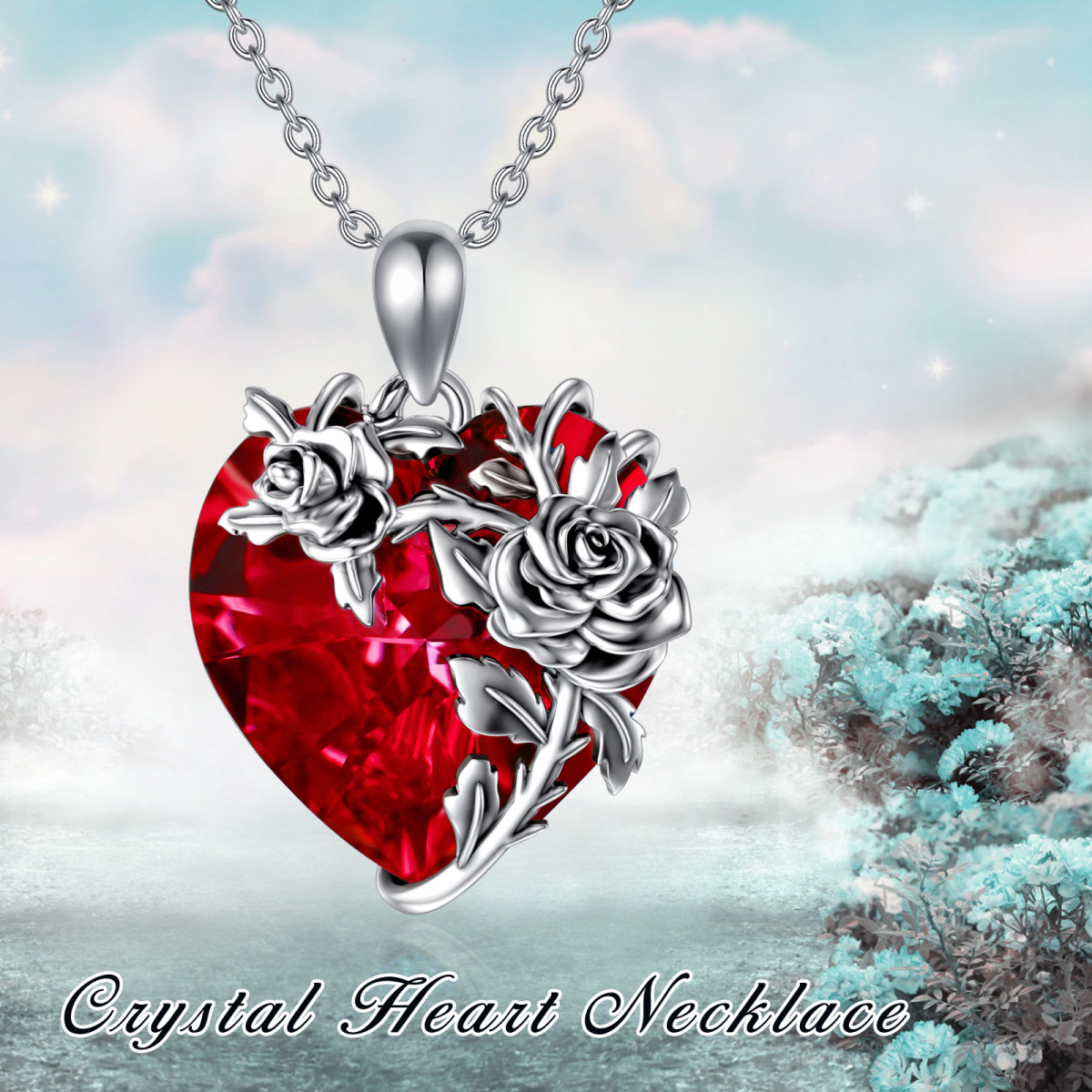 Collar de plata de ley con colgante de cristal en forma de corazón rosa y rojo-5