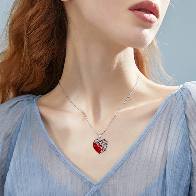 Sterling Silver Rose & Red Heart Shaped Crystal Pendant Necklace-1