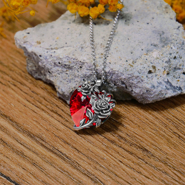 Sterling Silver Rose & Red Heart Shaped Crystal Pendant Necklace-2