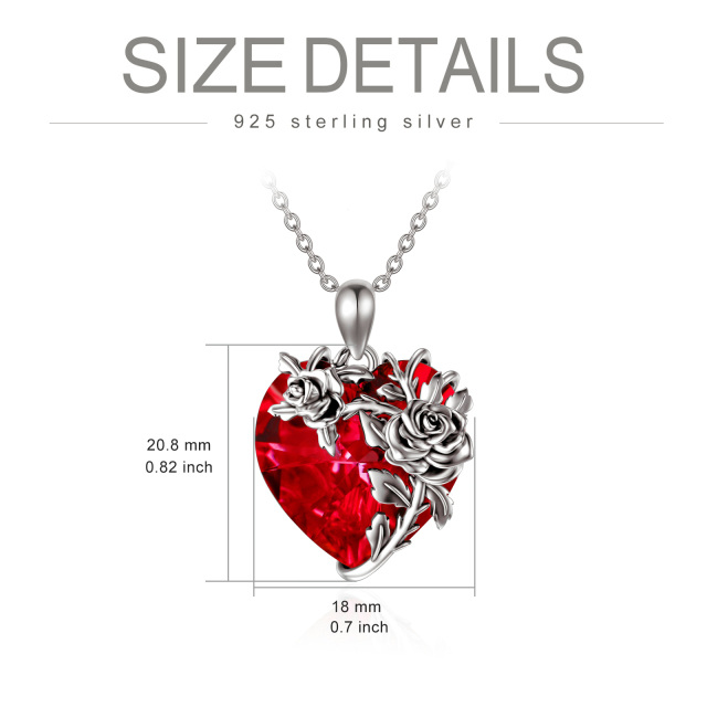 Sterling Silver Rose & Red Heart Shaped Crystal Pendant Necklace-3