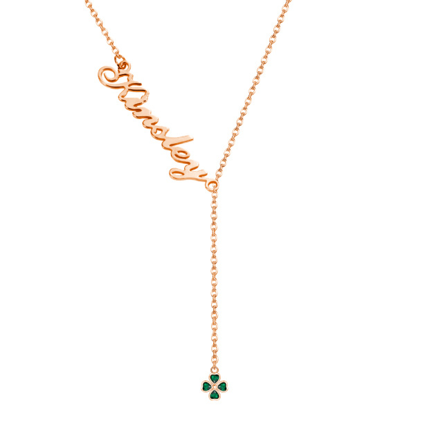 Sterling Silver with Rose Gold Plated Heart Zircon & Classic Name Four-leaf Clover Adjustable Y Necklace-0