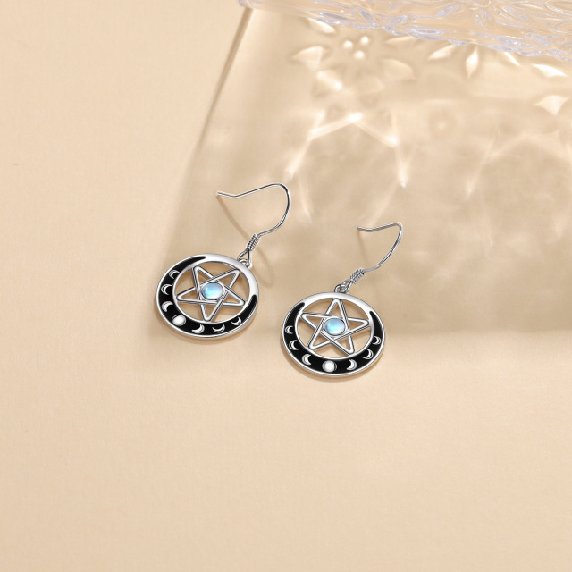 Boucles d'oreilles pendantes en argent sterling en pierre de lune ronde, lune et pentagram-2