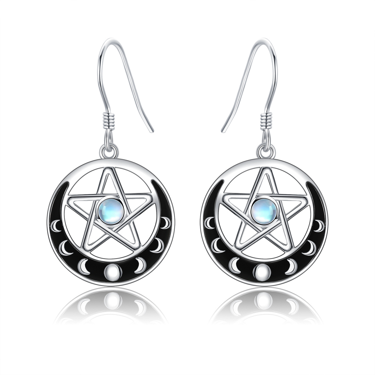 Sterling Silver Round Moonstone Moon & Pentagram Drop Earrings-1