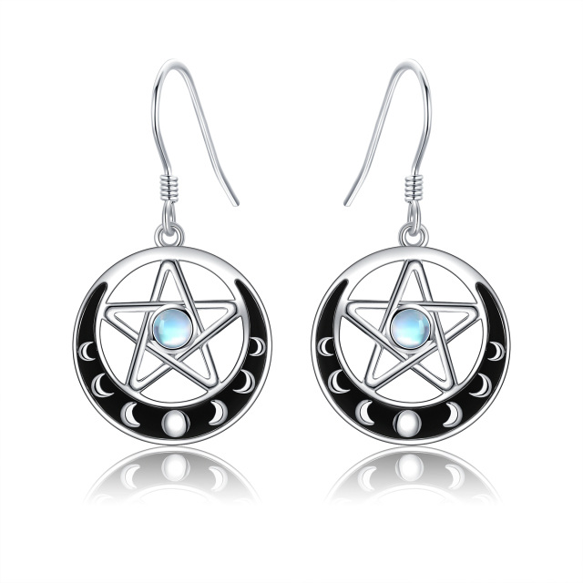 Sterling Silver Round Moonstone Moon & Pentagram Drop Earrings-0