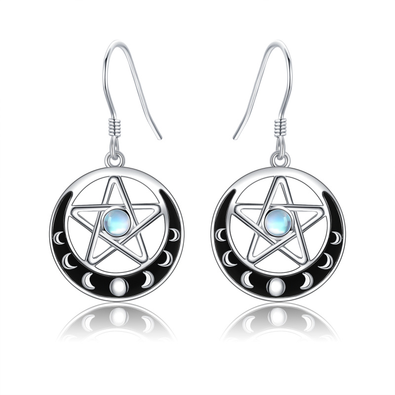 Sterling Silver Round Moonstone Moon & Pentagram Drop Earrings