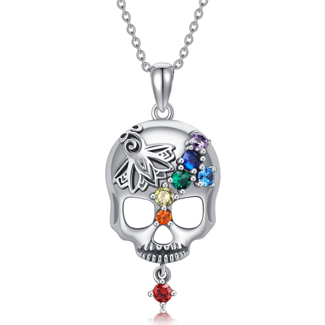 Sterling Silver Zircon Skull Pendant Necklace-0