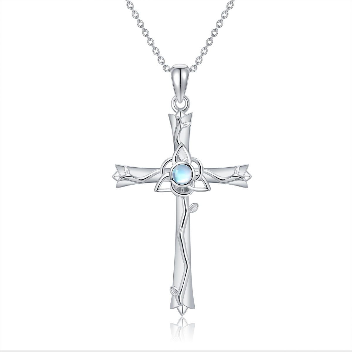 Sterling Silver Round Moonstone Cross Pendant Necklace-1