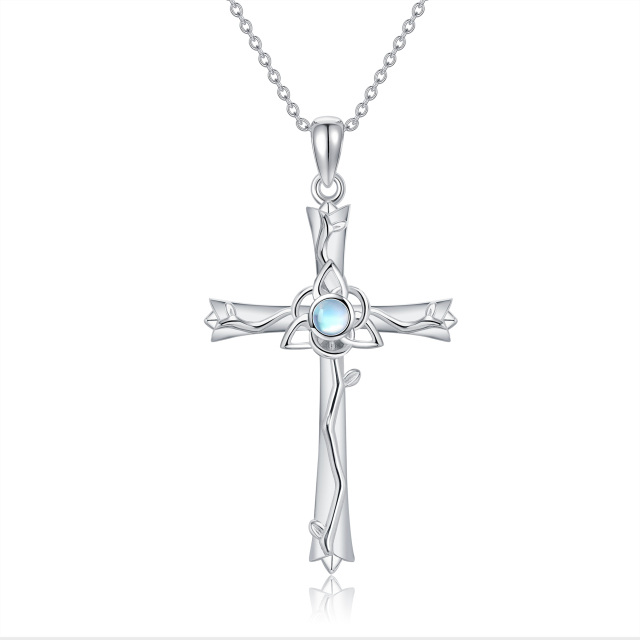 Sterling Silver Round Moonstone Cross Pendant Necklace-0