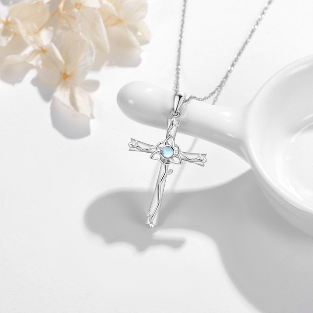 Sterling Silver Round Moonstone Cross Pendant Necklace-2