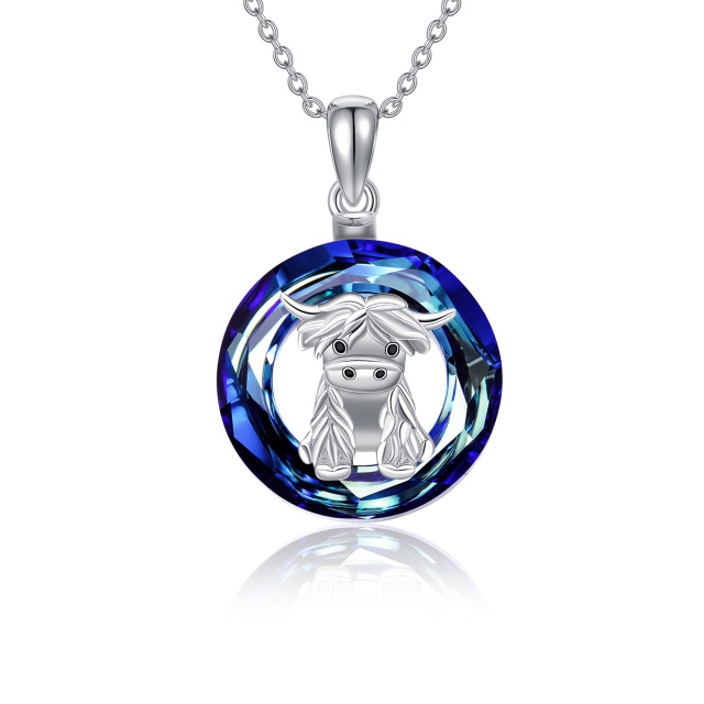 Sterling Silver Circular Shaped Highland Cow Crystal Pendant Necklace-0