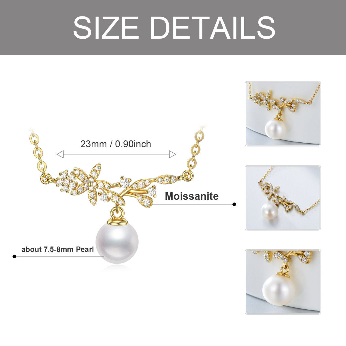 10K Gold Moissanite & Pearl Leaves Pendant Necklace-5