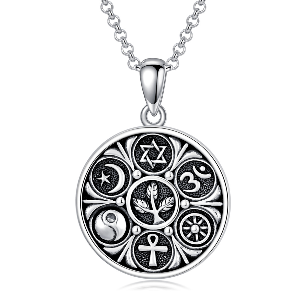 Sterling Silver Ankh & Ohm & Star Of David & Yin Yang Pendant Necklace-1