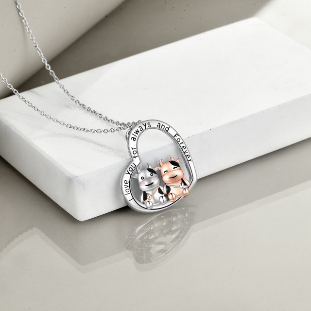 Sterling Silver Two-tone Cow & Heart Pendant Necklace with Engraved Word-4