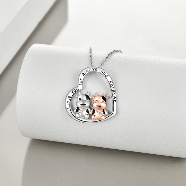 Sterling Silver Two-tone Cow & Heart Pendant Necklace with Engraved Word-3