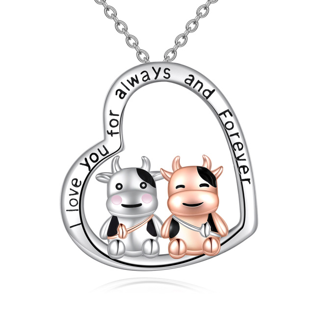 Sterling Silver Two-tone Cow & Heart Pendant Necklace with Engraved Word-1