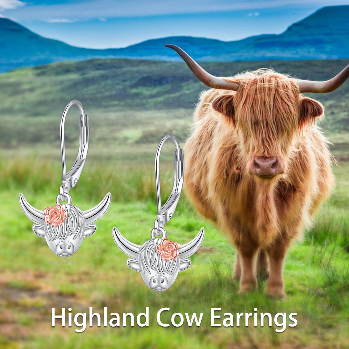 Sterling Silver Two-tone Highland Cow Lever-back Earrings-5