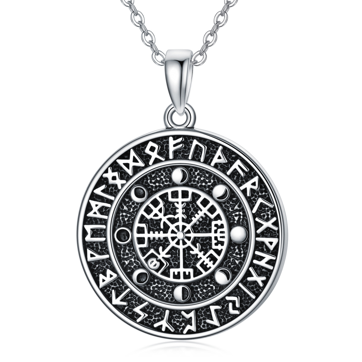 Sterling Silver Viking Rune Vegvisir Symbol Amulet Pendant Necklace-1