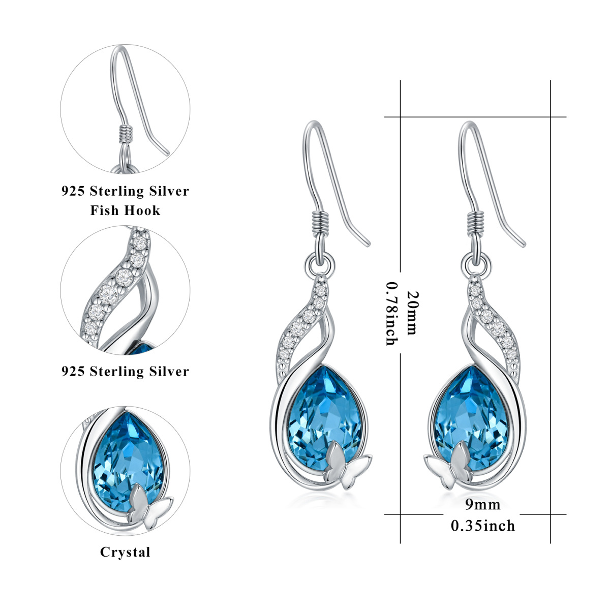 Pendientes de plata de ley con forma de mariposa de cristal-5