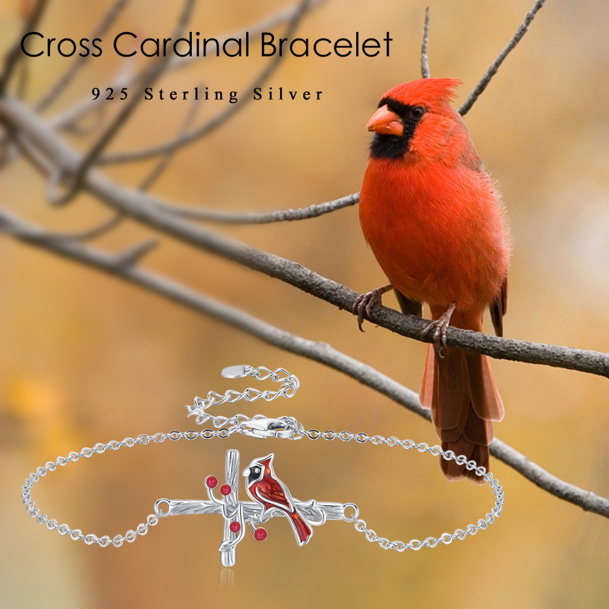 Sterling Silver Cardinal & Cross Pendant Bracelet-6