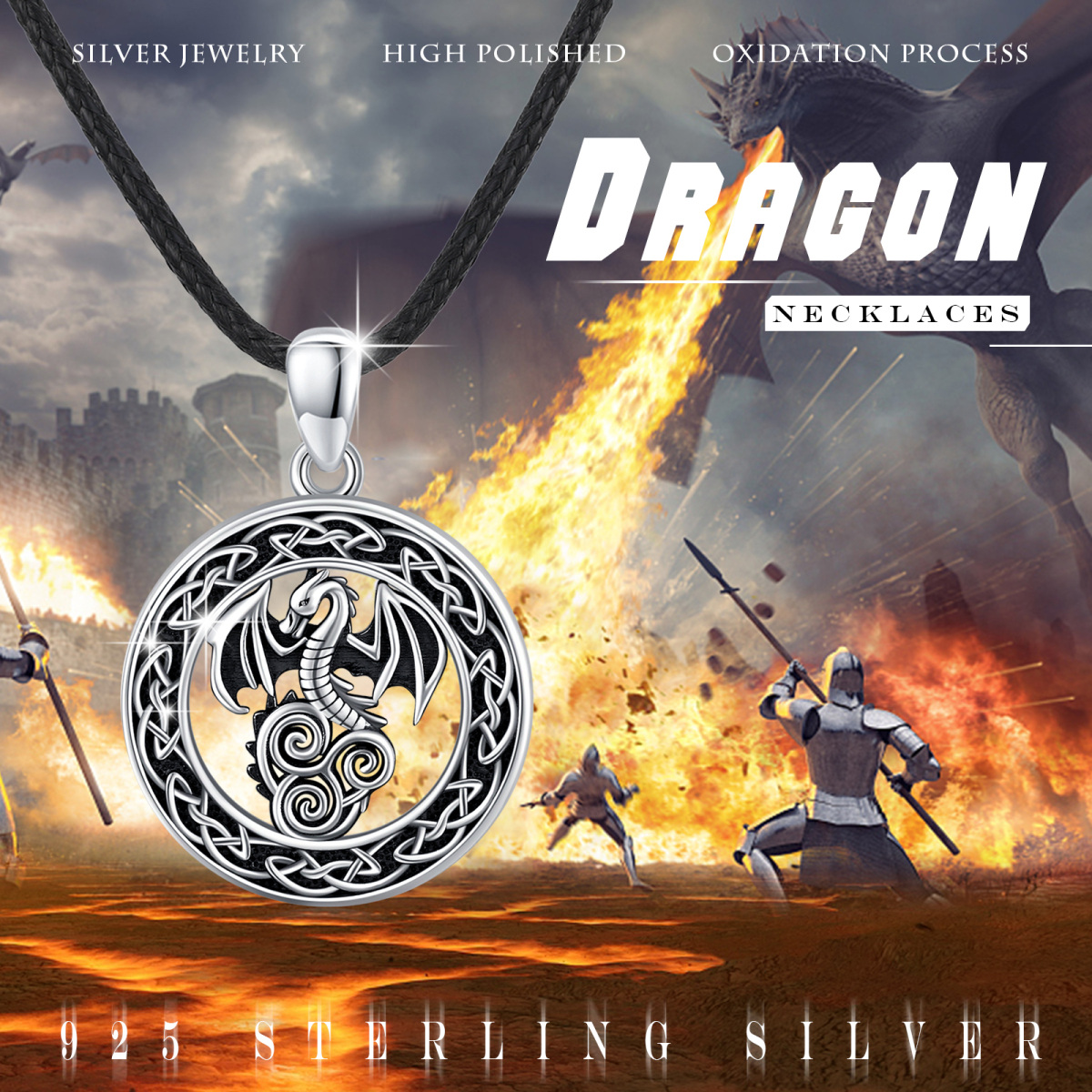 Sterling Silver Dragon & Celtic Knot Pendant Necklace-6