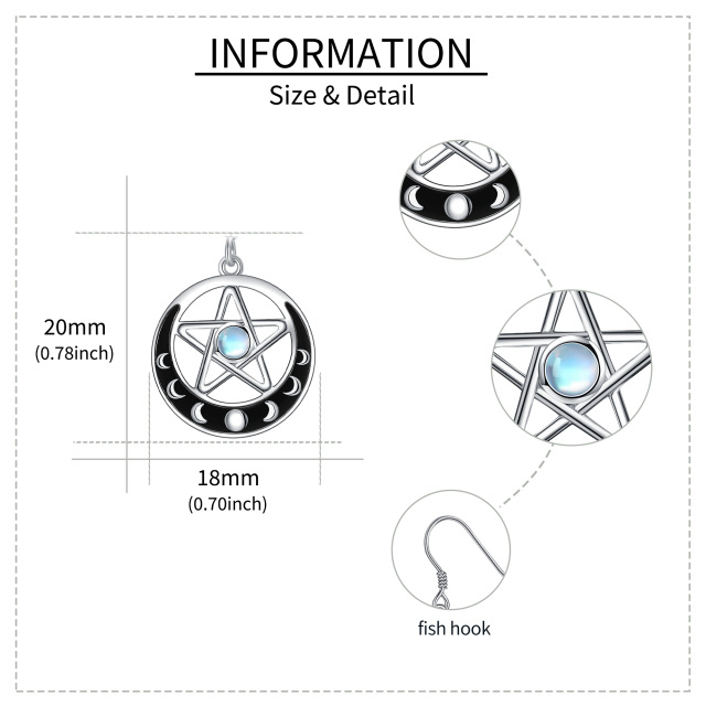 Sterling Silber Runde Mondstein Mond & Pentagramm Tropfen Ohrringe-4