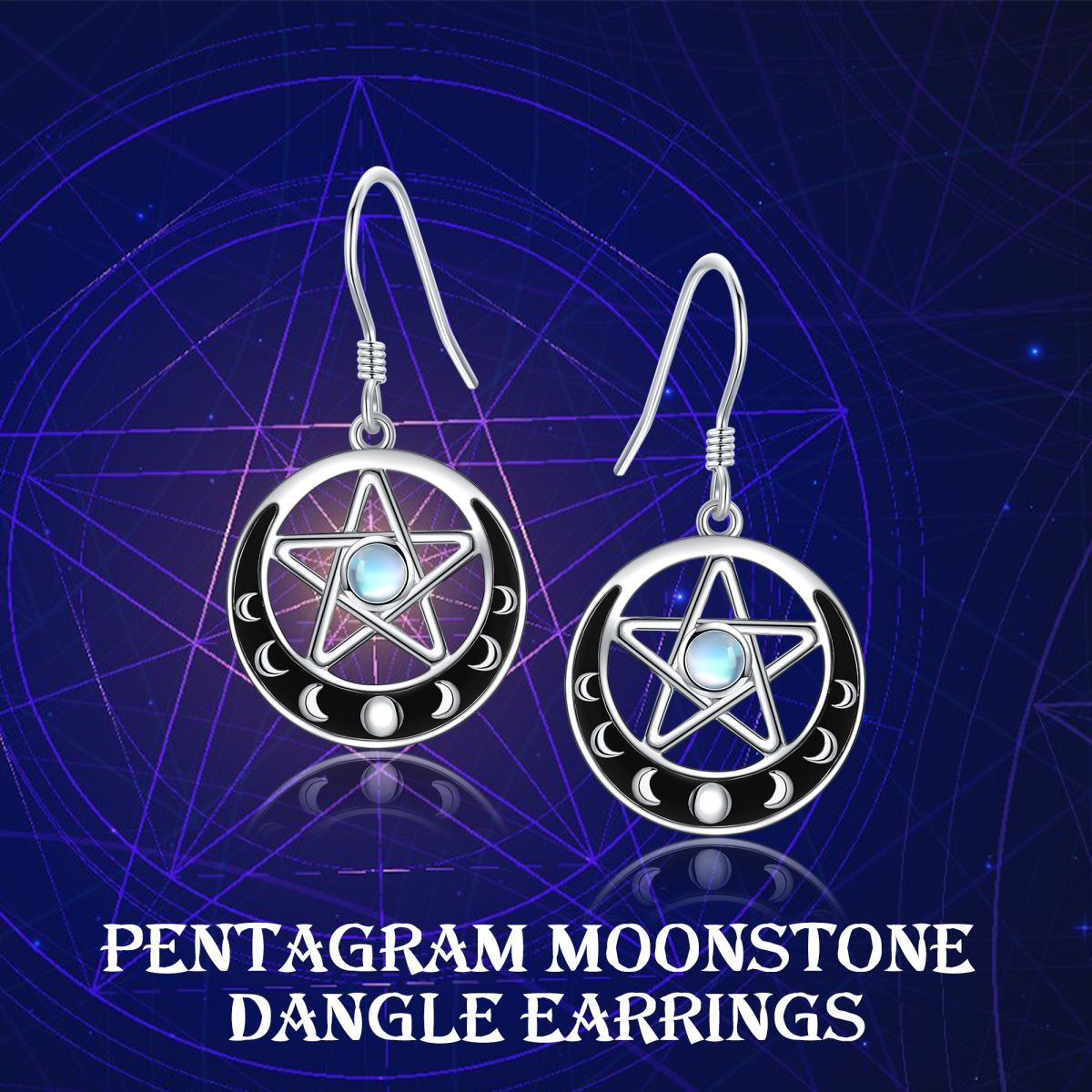 Sterling Silver Round Moonstone Moon & Pentagram Drop Earrings-6