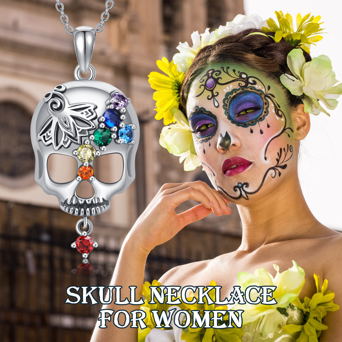 Sterling Silver Zircon Skull Pendant Necklace-6