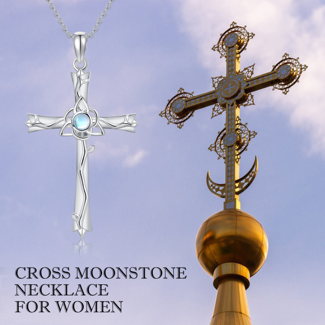Sterling Silver Round Moonstone Cross Pendant Necklace-4