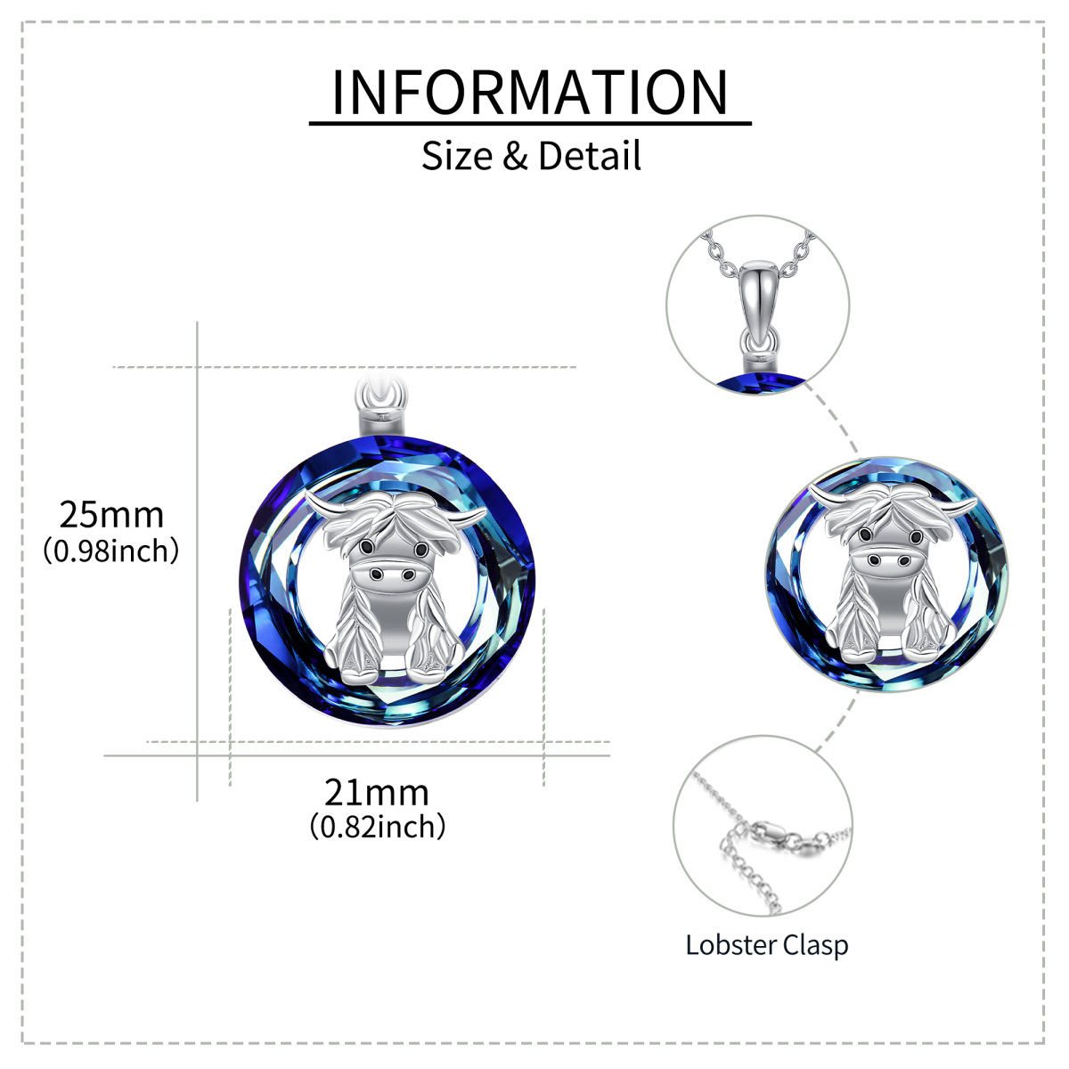 Sterling Silver Circular Shaped Highland Cow Crystal Pendant Necklace-4