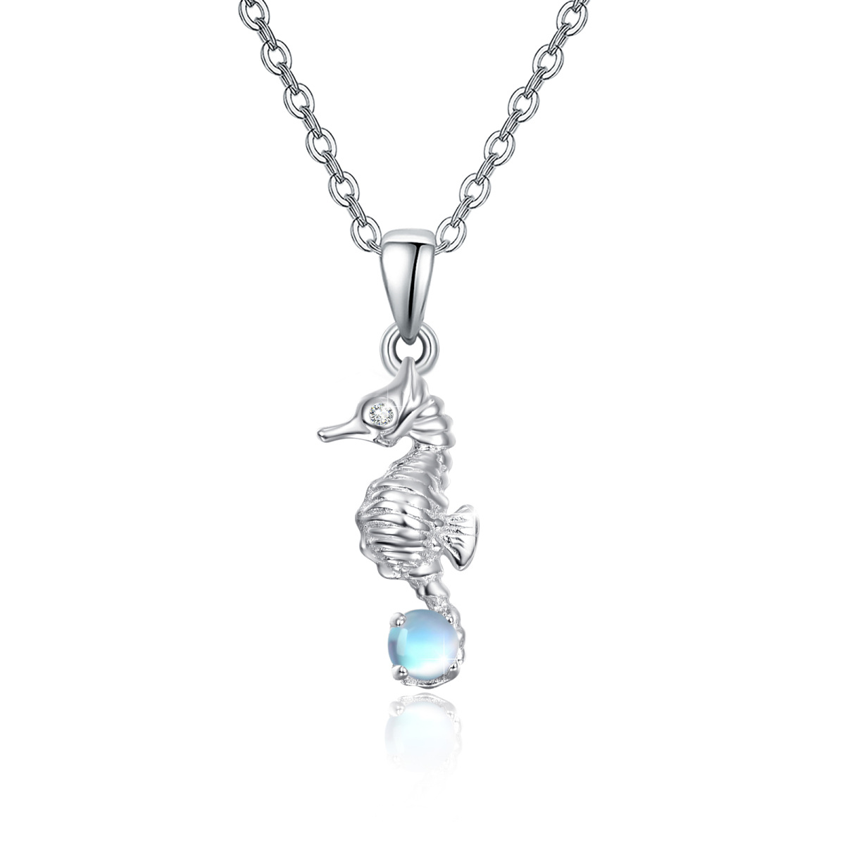Sterling Silver Moonstone Seahorse Cable Chain Necklace-1