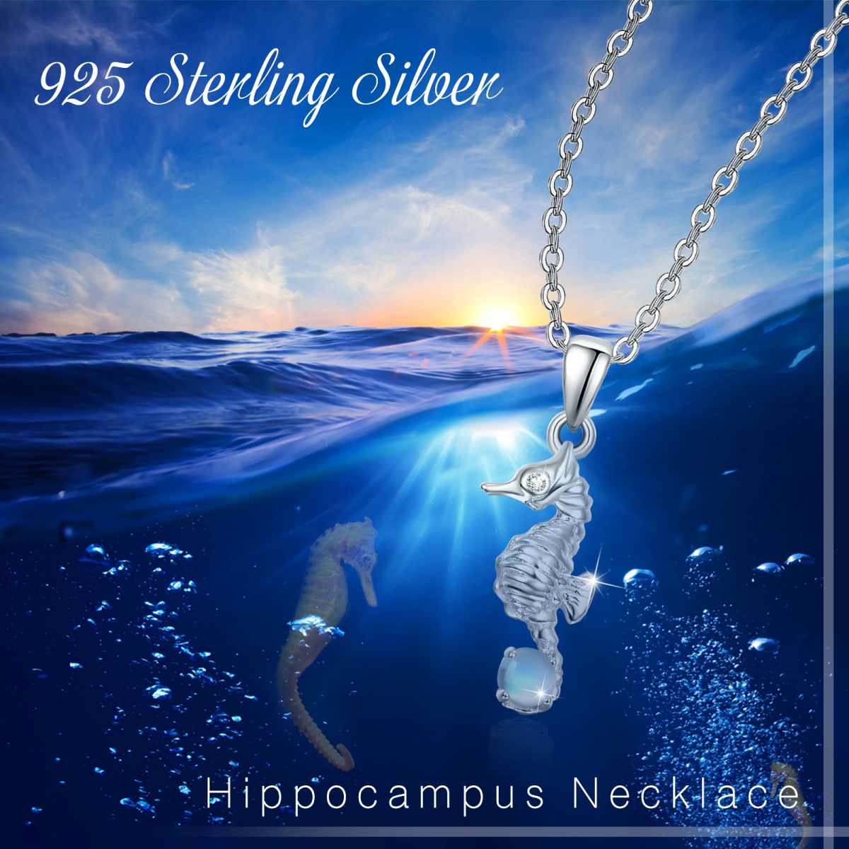 Sterling Silber Mondstein Seepferdchen Kabel Kette Halskette-5
