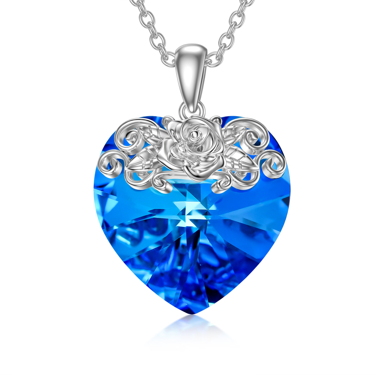 Sterling Silver Heart Rose & Heart Crystal Pendant Necklace-1