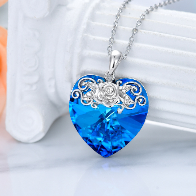 Sterling Silver Heart Rose & Heart Crystal Pendant Necklace-2
