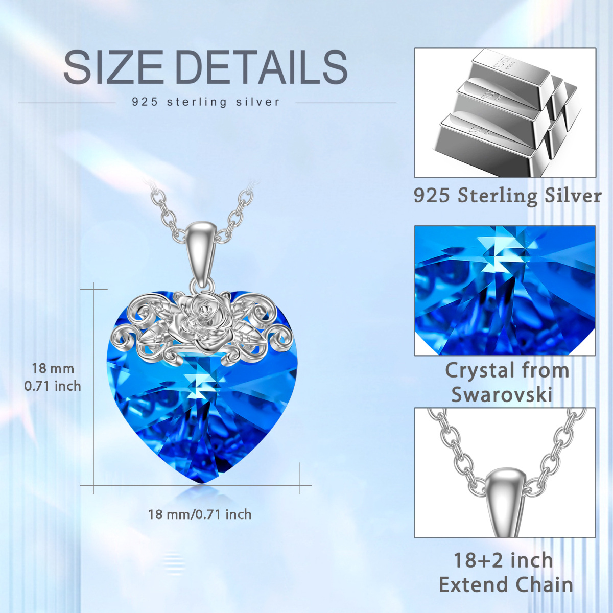 Sterling Silber Herz Rose & Herz Kristall Anhänger Halskette-6