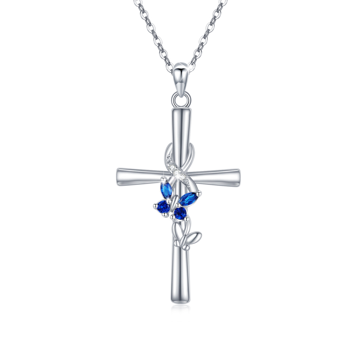Sterling Silver Cubic Zirconia Butterfly & Cross Pendant Necklace-1