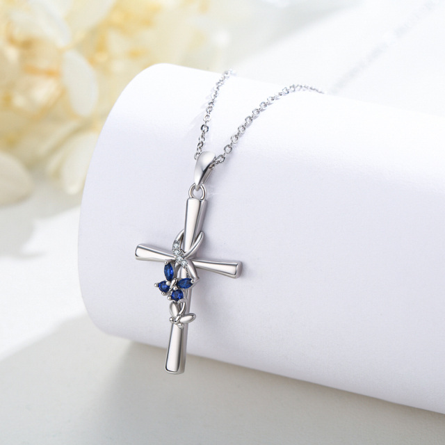 Sterling Silver Cubic Zirconia Butterfly & Cross Pendant Necklace-2