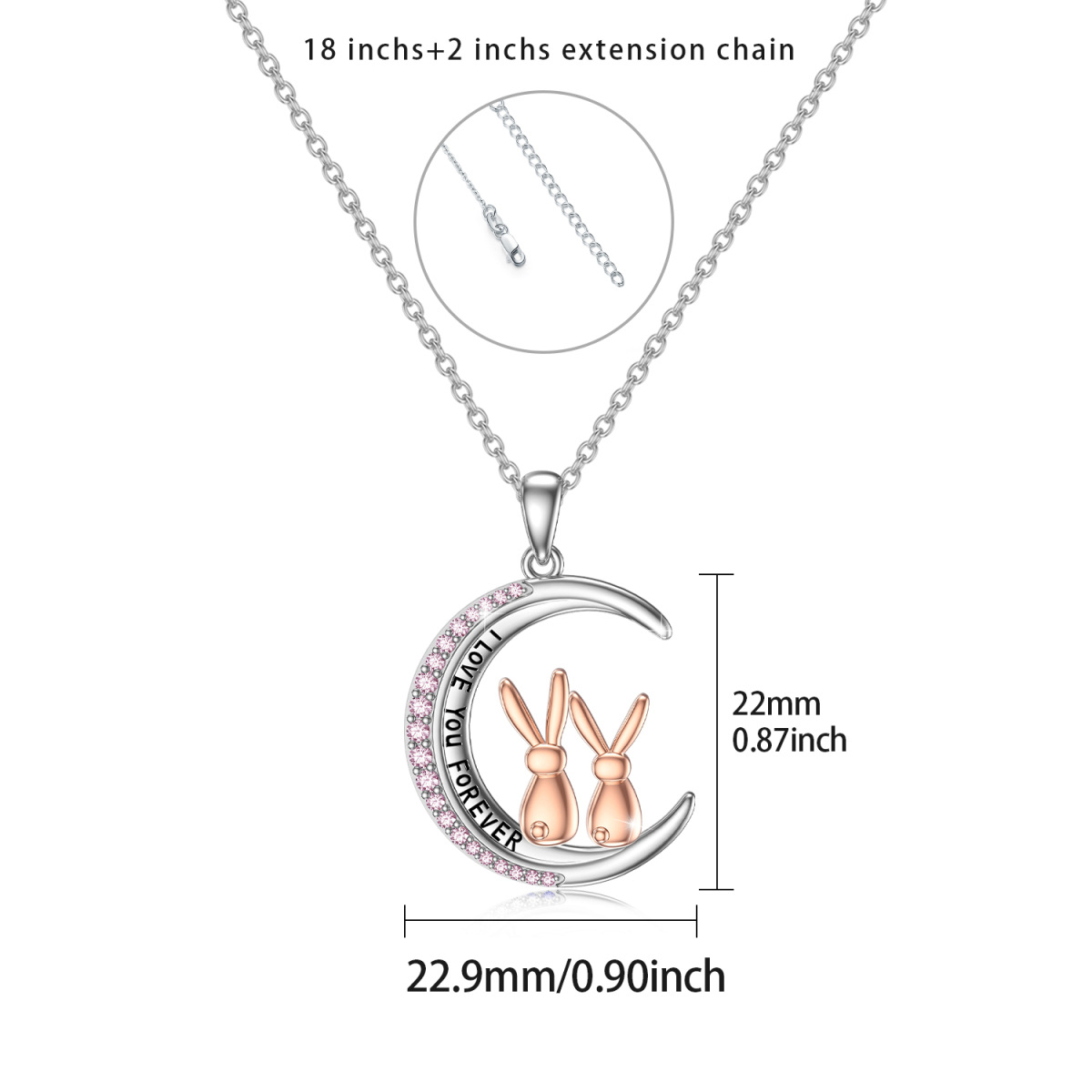 Sterling Silver Two-tone Round Cubic Zirconia Rabbit & Moon Pendant Necklace with Engraved Word-6
