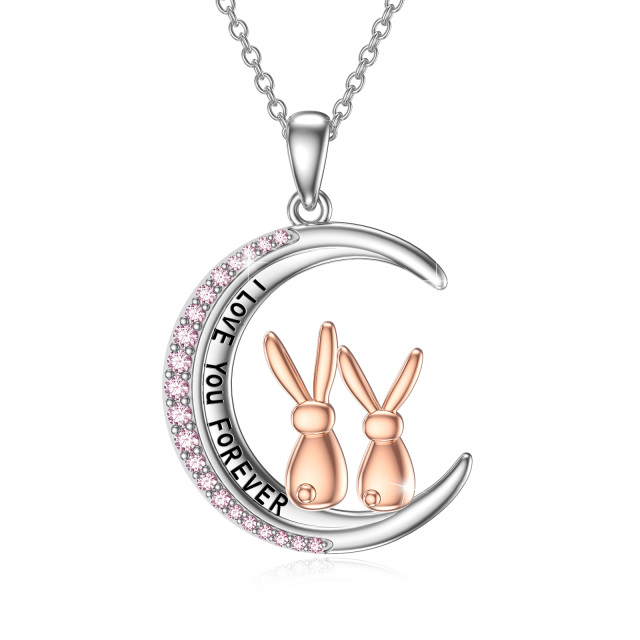 Sterling Silver Two-tone Round Cubic Zirconia Rabbit & Moon Pendant Necklace with Engraved Word-0