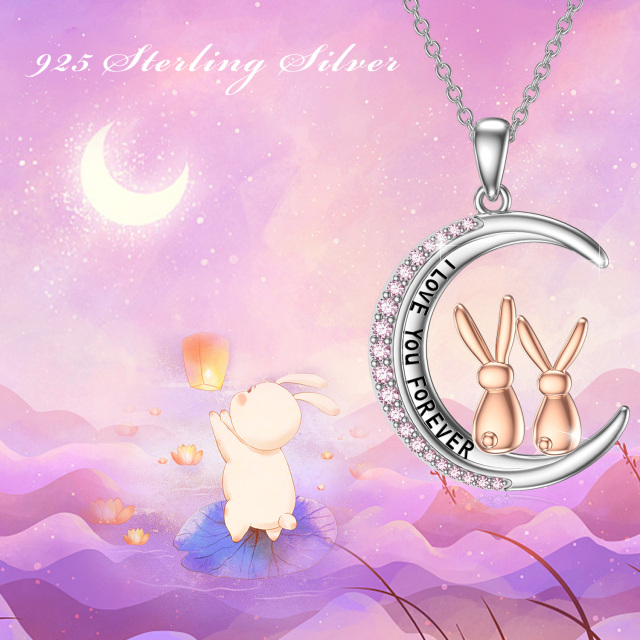 Sterling Silver Two-tone Round Cubic Zirconia Rabbit & Moon Pendant Necklace with Engraved Word-4