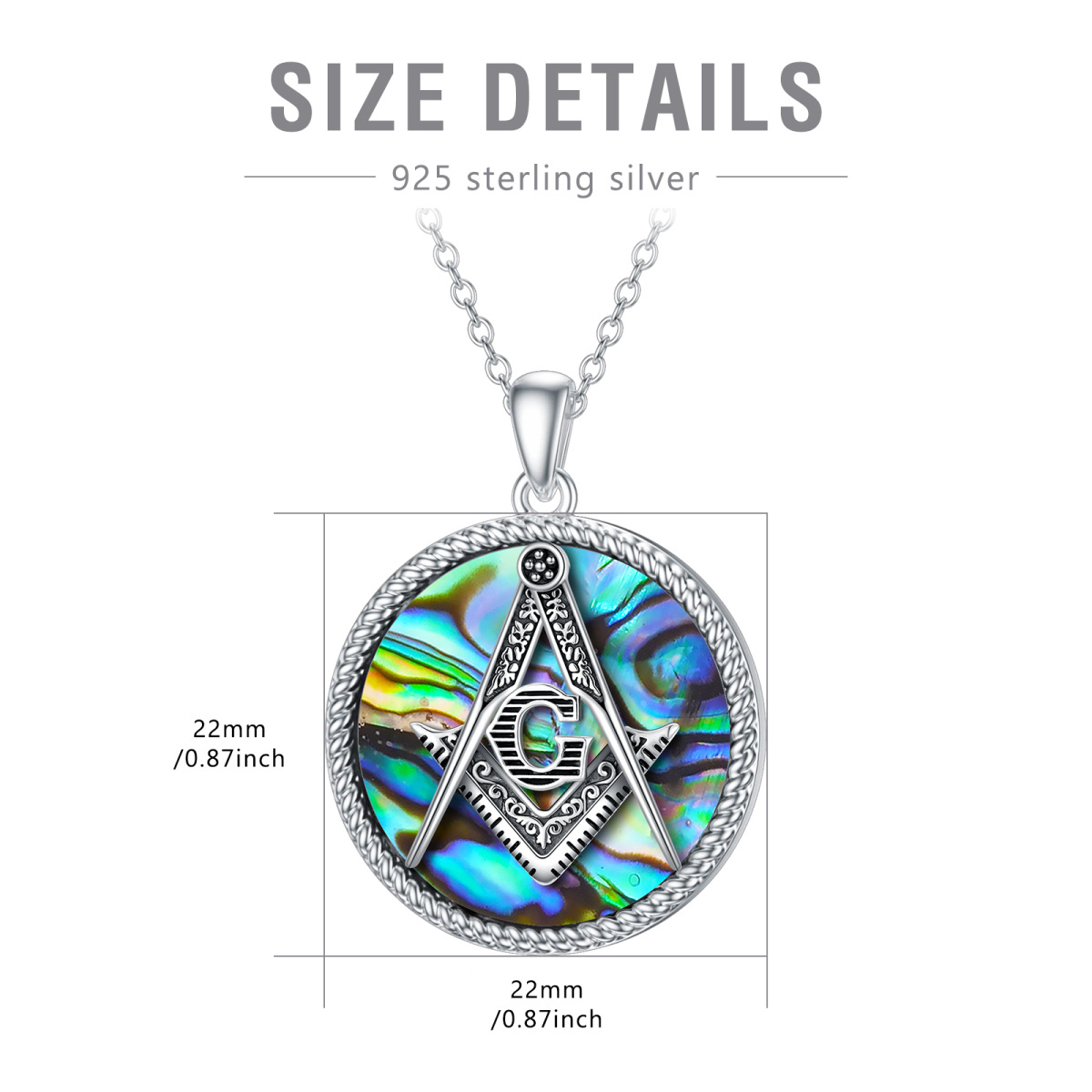 Sterling Silver Abalone Shellfish Masonic Symbol Pendant Necklace for Men-5