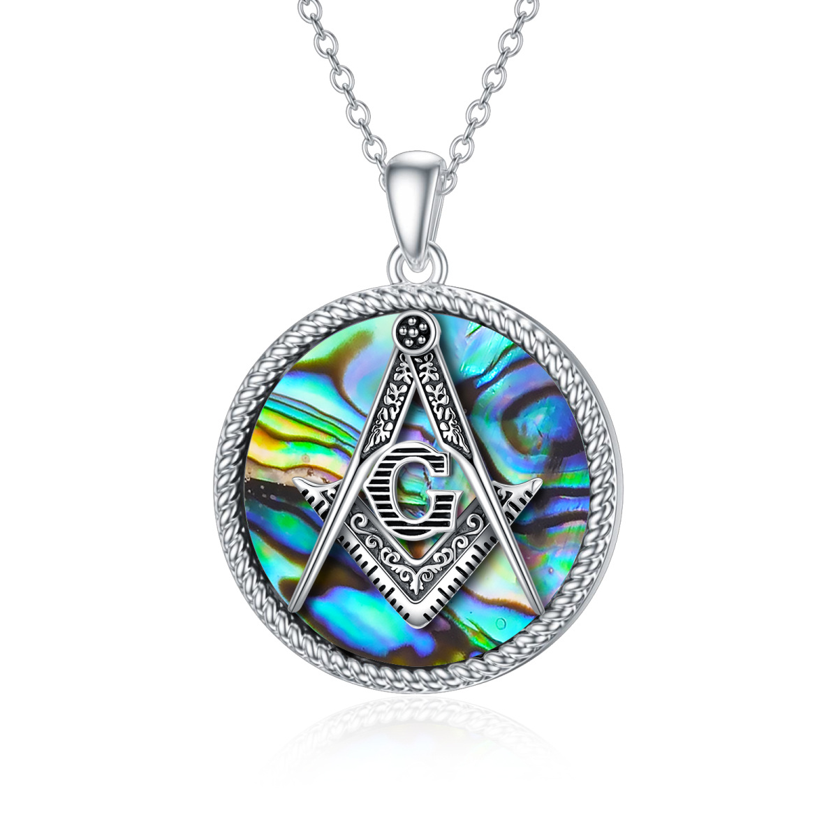 Sterling Silver Abalone Shellfish Masonic Symbol Pendant Necklace for Men-1